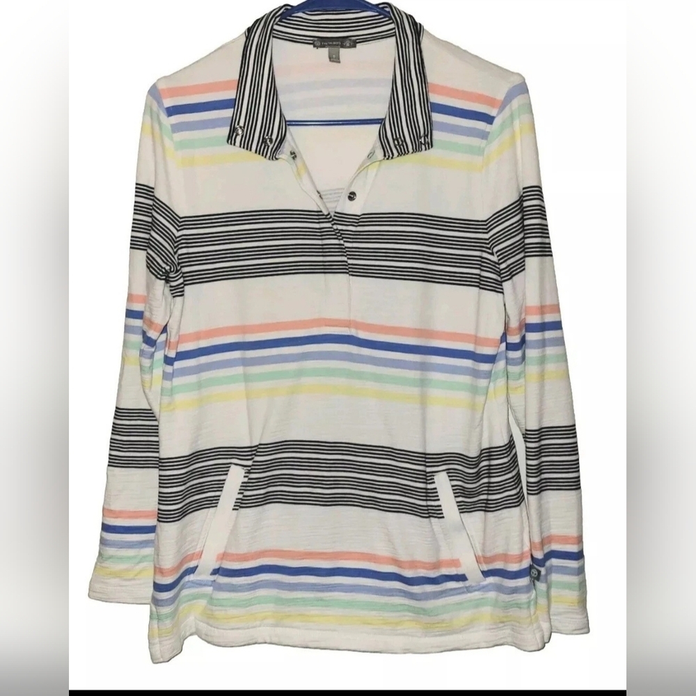 Talbots SPF50 White Stripe  Pullover Collar Knit Pocket  Sun Protect Size Small